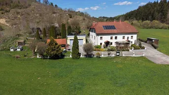 Ländliches Anwesen mit großem Garten, Photovoltaikanlage auf dem Dach und umgeben von grünen Wiesen und Wäldern.