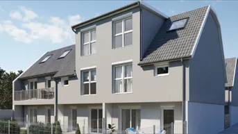 Moderne Reihenhäuser mit grauer Fassade, Satteldach und Dachfenstern in einer ruhigen Wohngegend.