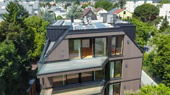 Moderne Architektur mit Holzfassade, großzügigen Balkonen und Photovoltaikanlage auf dem Dach.