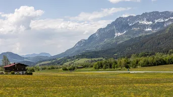 Weitläufige grüne Landschaft mit einem traditionellen Haus und majestätischen Bergen im Hintergrund unter blauem Himmel.
