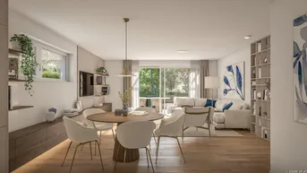 Helles, offenes Wohn-Esszimmer mit Holzboden, großem Esstisch und Zugang zur Terrasse.