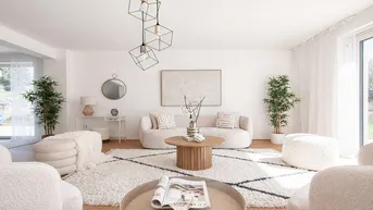 Helles Wohnzimmer mit modernen Möbeln, Holzboden und Zugang zu einem Außenbereich.