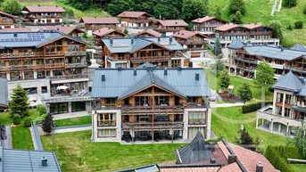 Luftaufnahme eines charmanten Chalet-Dorfes mit modernen Häusern und grünen Gärten vor einer Bergkulisse.