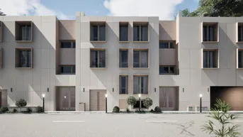 Moderne Fassade eines Wohngebäudes mit klaren Linien und großen Fenstern, umgeben von Grün.