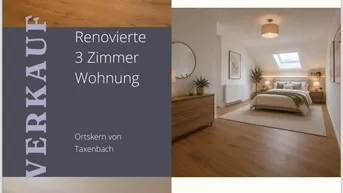 Helle, renovierte Dachgeschosswohnung mit modernem Interieur, Holzböden, einem Schlafzimmer mit Dachfenster und offenem Wohnbereich.