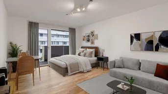 Expose Studio Large (möbliert) mit Zugang zu erstklassigen Gemeinschaftsflächen: Fitness, Co-Working, Dachterrasse, Yoga, Private Dining &amp; Kinoraum