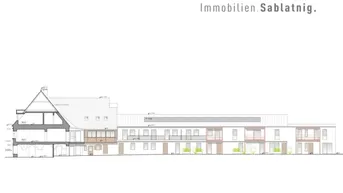 Schnittzeichnung des Gebäudes mit verschiedenen Ebenen, Mansarddach und Flachdachkonstruktion.
