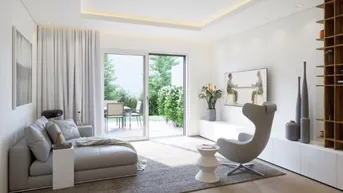 Helles, modernes Wohnzimmer mit Zugang zur Terrasse und Garten, ausgestattet mit stilvollen Möbeln und indirekter Beleuchtung.