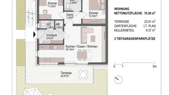 Detaillierter Grundriss einer Erdgeschosswohnung mit offener Wohnküche, Terrasse und eigenem Gartenanteil.
