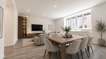 Virtuell inszenierter offener Wohn- und Essbereich mit modernem Design und hellem Laminatboden.