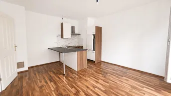 Offener Küchenbereich mit Laminatboden, modernen Schränken und einer integrierten Arbeitsplatte.