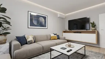 Modernes Wohnzimmer mit grauem Sofa, Marmor-Couchtisch und Wandfernseher, stilvoll eingerichtet.