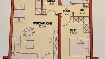 Detaillierter Grundriss einer Wohnung mit Wohnküche, Schlafzimmer, Bad und großem Balkon.