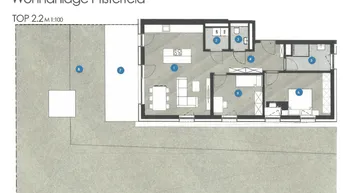 Grundriss der Wohneinheit TOP 2.2 mit offenem Wohnbereich, Schlafzimmer, Bad und Garten.