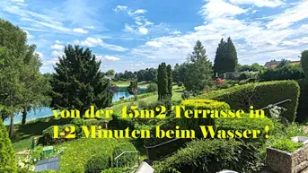 Expose 45 m2 Terrasse mit Seeblick der beeindruckt ! 117 m2 Nutzfläche = 63 m2 Wohnfläche + 54 m2 Terrassen ! + bis zu 3 Autos parken inkl. + über 20 Jahre nur im Sommer von Fr -So genutzt sowie 2x jährlich Gärtner gepflegt + vor Hochwasser gesicherte Investition + 1A Infrastruktur/ Erreichbarkeit + in 35 Min. z. B. nach Wien + immer wichtiger = Lage + Lage + Lage !