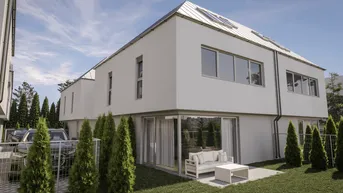 Moderne Reihenhausfassade mit weißem Putz, großen Fenstern und einer kleinen möblierten Terrasse.