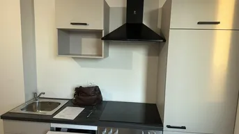 Moderne Küchenzeile mit hellgrauen Schränken, Spüle, Herd, Backofen und Geschirrspüler.