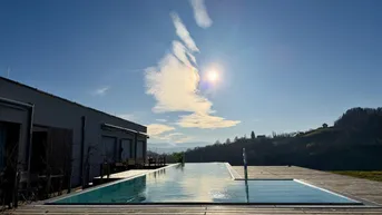Moderner Außenbereich mit langem Infinity-Pool und Holzdeck unter strahlend blauem Himmel.