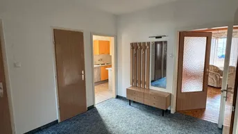 Heller Eingangsbereich mit Teppichboden, Garderobe und Zugang zu weiteren Räumen.