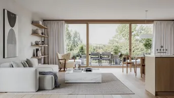 Helles, offenes Wohnzimmer mit Holzboden, großer Fensterfront und Zugang zur Terrasse mit Gartenblick.