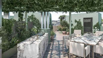 Dachterrasse mit Außenküche, Essbereich und üppiger Bepflanzung unter einer Pergola.