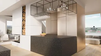 Eleganter Wohnbereich mit moderner Bar, Kamin und Holzboden.