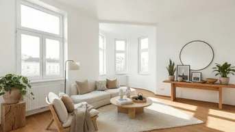 Helles Wohnzimmer mit großen Fenstern, Erker und modernem Interieur, ideal für Entspannung.