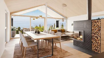 Geräumiger Wohn-Essbereich mit Holzboden, modernem Kamin und Zugang zu einem Balkon mit Seeblick.