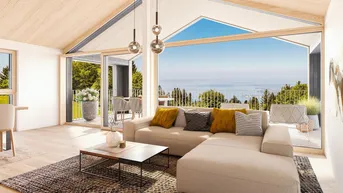 Helles, modernes Wohnzimmer mit hohen Holzdecken, großen Fenstern und atemberaubendem Seeblick.