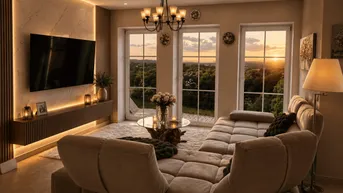 Modernes Wohnzimmer mit indirekter Beleuchtung, großem Sofa und weitem Ausblick in die Natur.