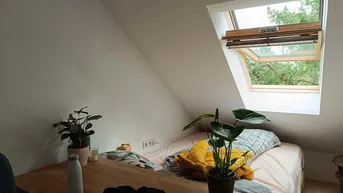 Helles Schlafzimmer im Dachgeschoss mit schrägen Wänden, Dachfenster und Blick ins Grüne.