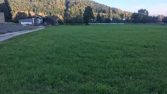 Weitläufige grüne Wiese mit Blick auf bewaldete Hügel und ländliche Bebauung im Hintergrund.