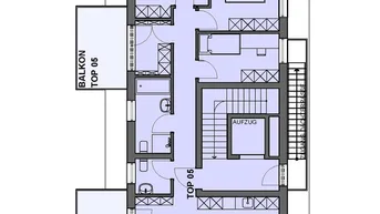Grundriss der Wohnung TOP 05 mit offenem Wohnbereich, zwei Balkonen und Aufzugzugang.