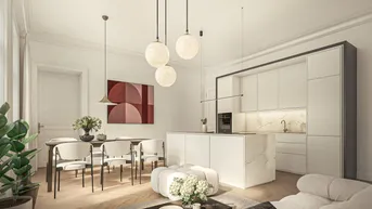 Moderne offene Küche und Essbereich mit Marmorinsel und eleganten Pendelleuchten.