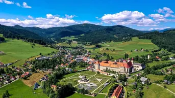 Luftaufnahme der ländlichen Umgebung mit einem historischen Gebäude und viel Grün.