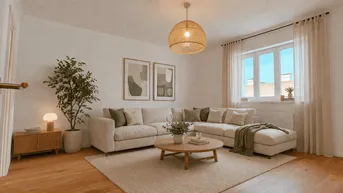 Helles Wohnzimmer mit beigem Ecksofa, Holzboden und einem runden Couchtisch in modernem Stil.