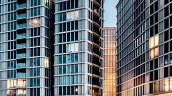 Moderne Hochhäuser mit zahlreichen Fenstern und Glasfassaden, die in der Abenddämmerung beleuchtet sind und eine urbane Szene zeigen.