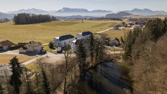 Luftaufnahme einer ländlichen Gegend mit Häusern, Feldern, einem Teich und Bergen im Hintergrund.