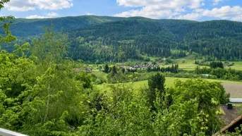 Weitläufiger Blick über die grüne Hügellandschaft und Wälder von der Terrasse.
