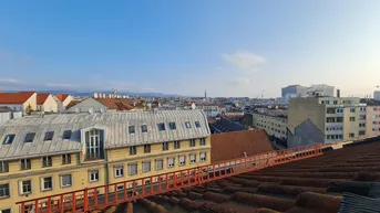 Weitläufige Stadtansicht von einem Dach mit Blick über die Dächer Wiens bei klarem Himmel.