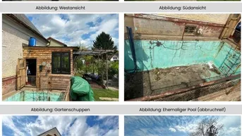 Hausansichten von verschiedenen Seiten mit großem Garten und einem ehemaligen, sanierungsbedürftigen Pool.