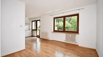 Helles Wohnzimmer mit Holzboden, weißen Wänden und Blick ins Grüne, angrenzend an eine Küche.