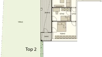 Detaillierter Grundriss der Wohnung Top 2 mit Garten und Terrasse.
