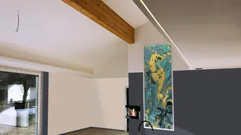 Offener Wohnbereich mit Kamin, Holzbalken und großem Fenster mit Blick nach draußen.