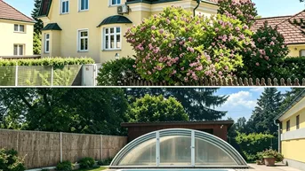 Gelbes Haus mit Mansarddach und Gartenbereich mit Pool und Poolüberdachung.