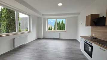 Heller Wohn- und Essbereich mit integrierter Küchenzeile, Laminatboden und Blick auf die Berge.
