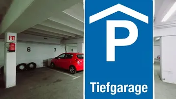 Geräumige Tiefgarage mit nummerierten Stellplätzen, einem roten Fahrzeug und sichtbaren Betonstrukturen.