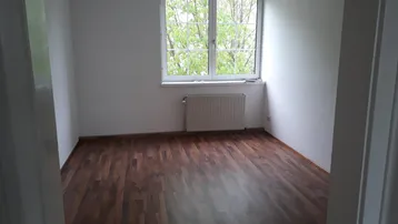 Leerer Raum mit Laminatboden, weiß gestrichenen Wänden und einem Fenster mit Blick ins Grüne.