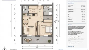 Detaillierter Grundriss der Wohnung Typ 2 mit einem Schlafzimmer, offener Wohnküche und Loggia.