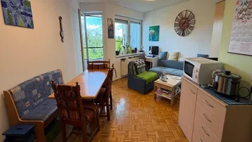 Gemütlicher Wohn- und Essbereich mit Parkettboden und Zugang zum Balkon.